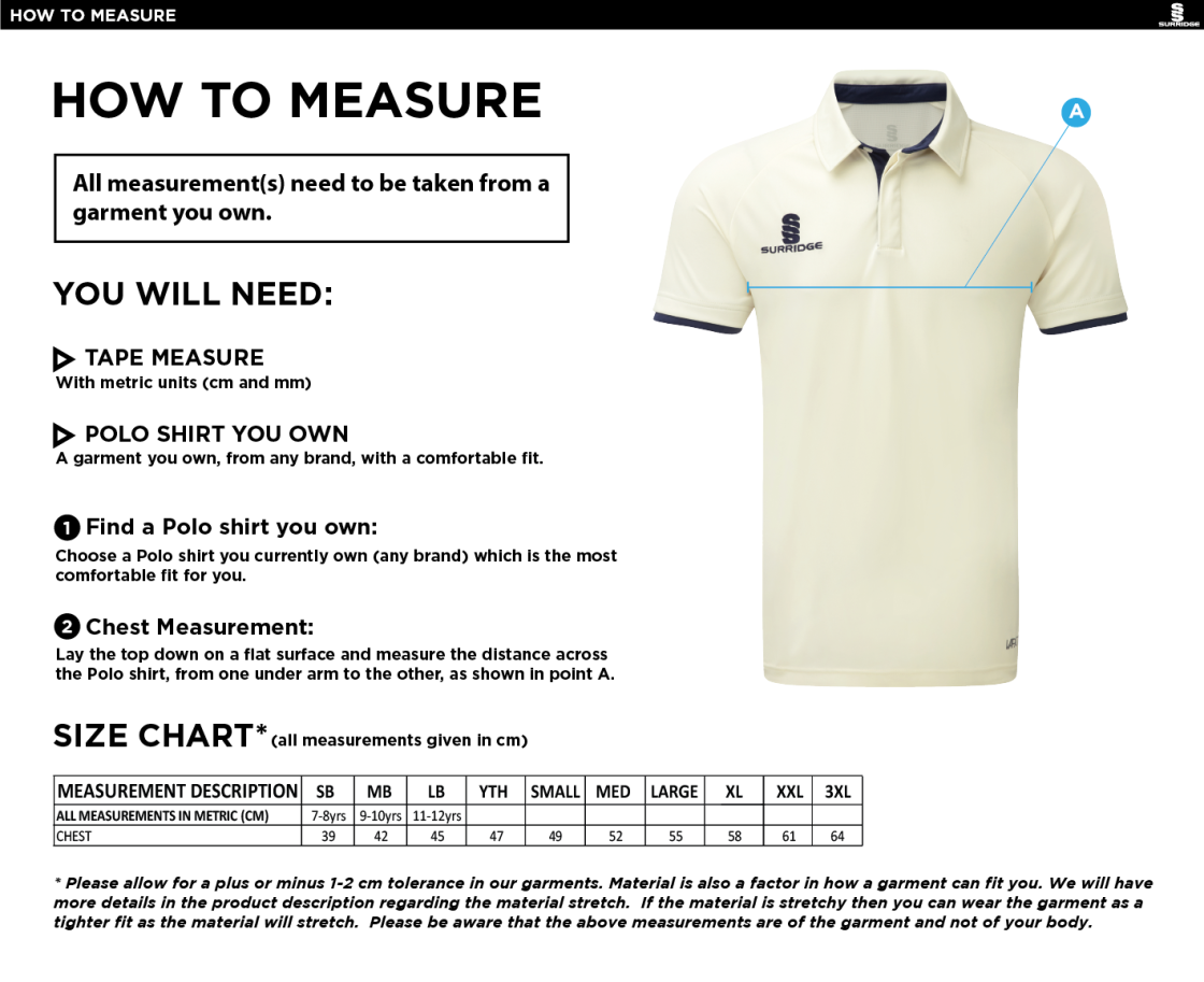 Dyffryn Cricket Club - Short Sleeve Cricket Shirt - Size Guide