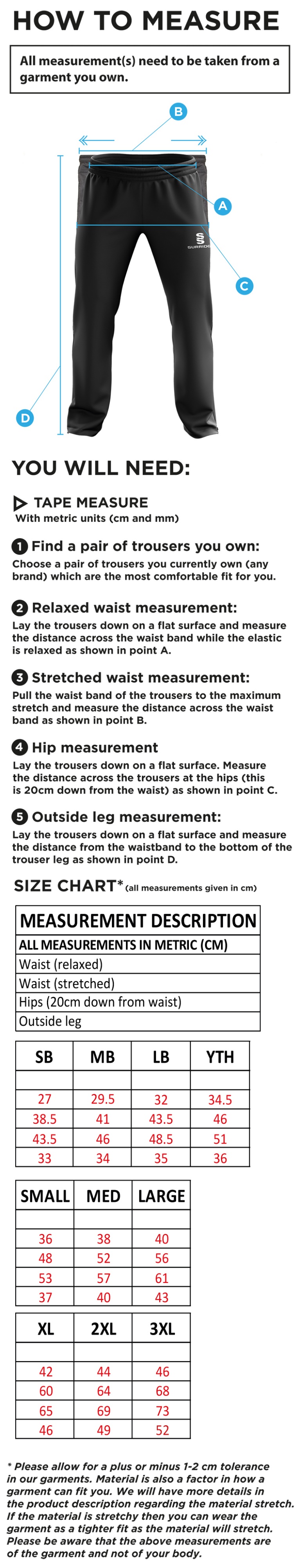 Dyffryn Cricket Club - Rip Stop Track Pant - Size Guide