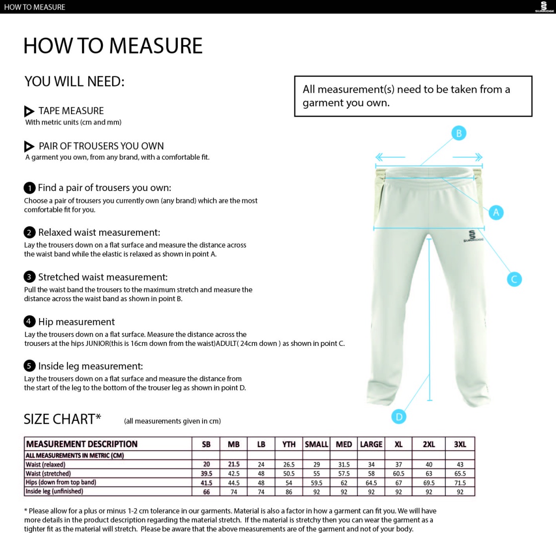 Dyffryn Cricket Club - Standard Playing Pant - Size Guide