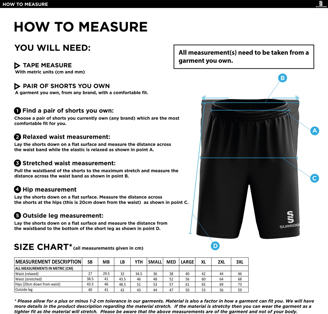 Dyffryn Cricket Club - Ripstop Shorts - Size Guide