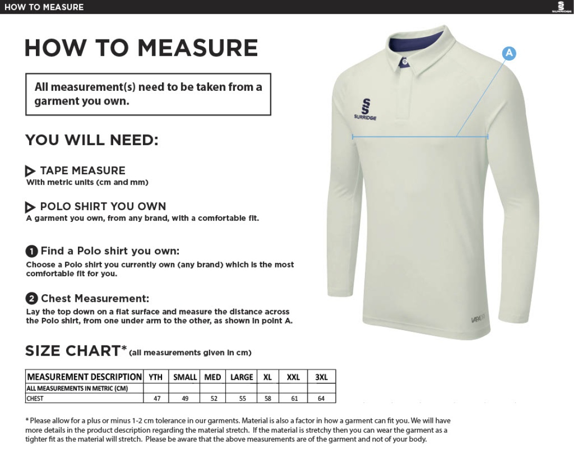 Dyffryn Cricket Club - Long Sleeve Cricket Shirt - Size Guide