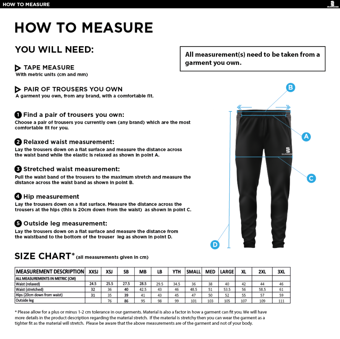 Dyffryn Cricket Club - Slim Training Pants - Size Guide