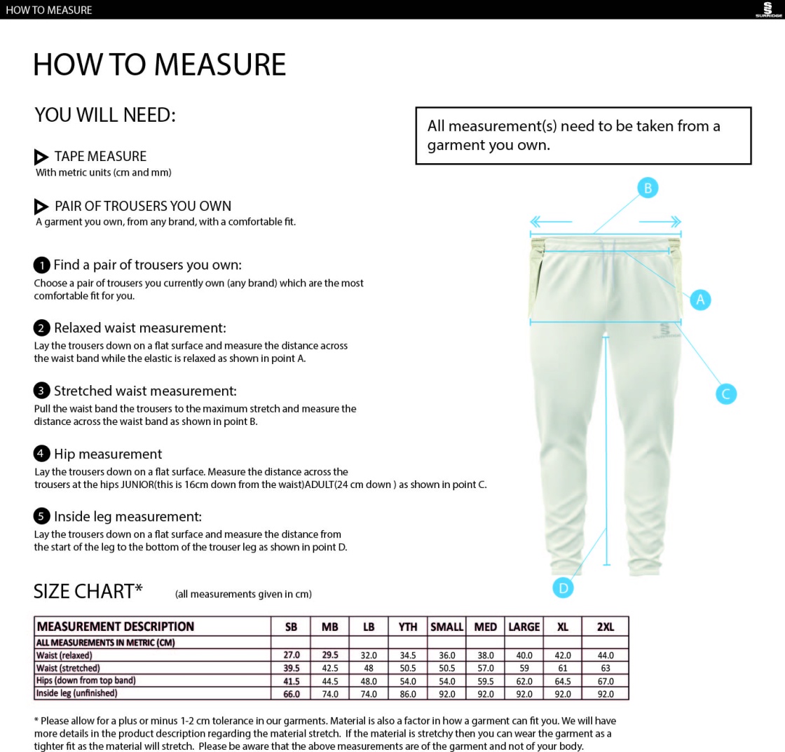 Dyffryn Cricket Club - Playing Pant - Size Guide