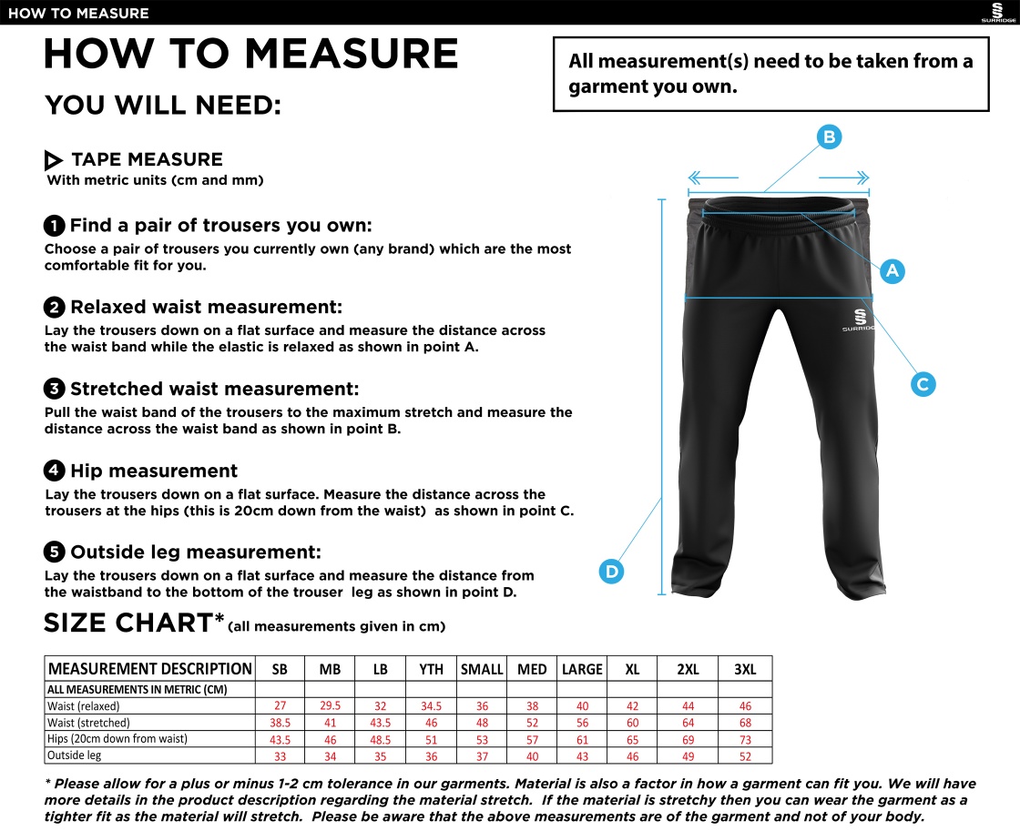 Dyffryn Cricket Club - Rip Stop Track Pant - Size Guide