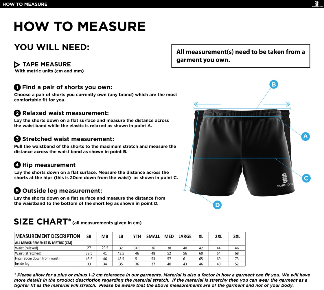 Dyffryn Cricket Club - Dual Gym Short - Size Guide