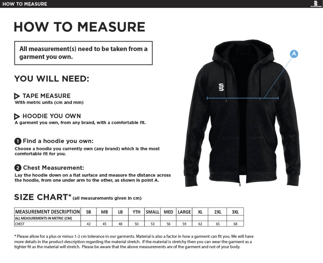 Dyffryn Cricket Club - Full Zip Hoody - Size Guide