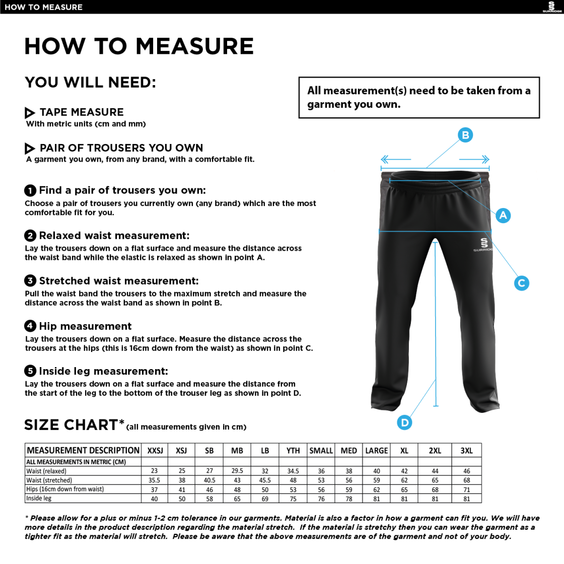 Dyffryn Cricket Club - Poplin Track Pant - Size Guide
