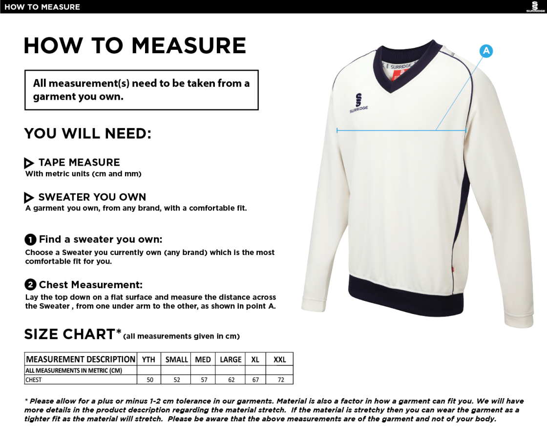 Dyffryn Cricket Club - Long Sleeve Sweater - Size Guide